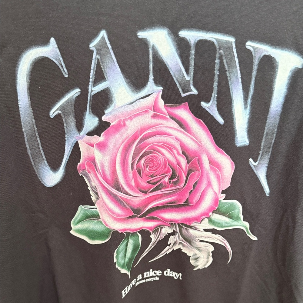 Ganni Black Top with Pink Rose Design - Picture 3 of 4